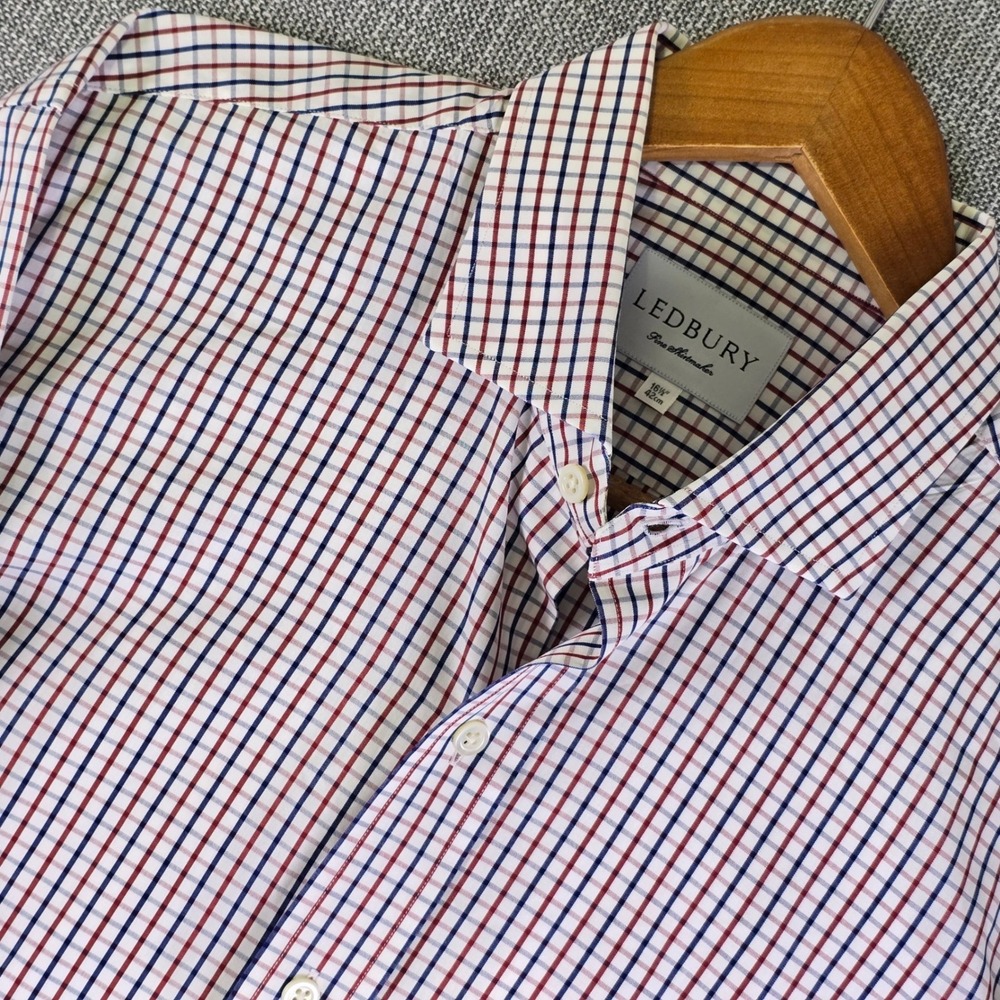 Ledbury Fine Shirting Mens 16.5 L White Blue Red Tattersall Plaid Spread Collar